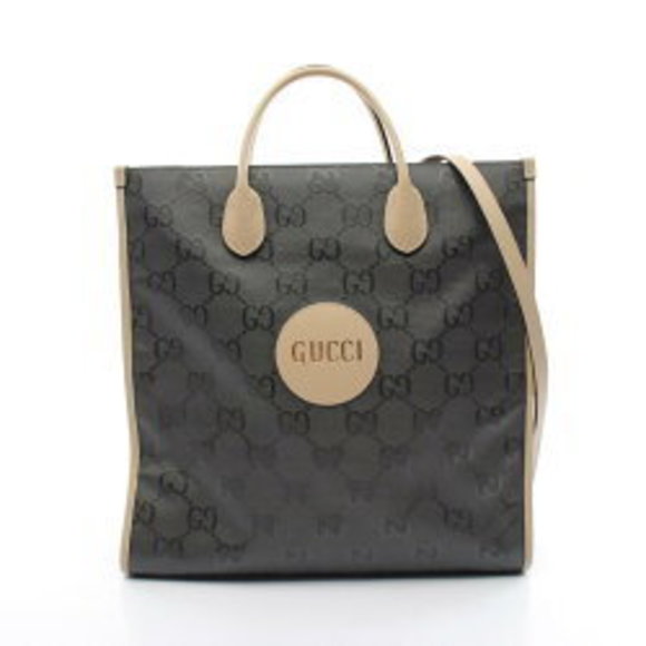 Gucci Grid GG Tote Bag Leather Nylon Canvas Gray Beige - Picture 1 of 7